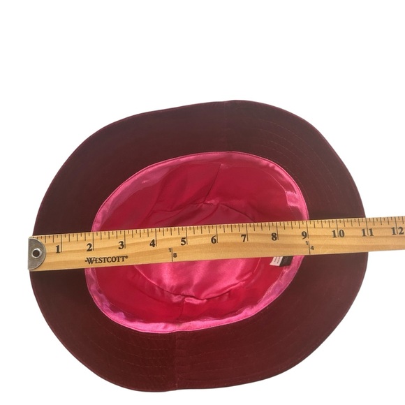 Wilsons Leather Pelle Studio Burgundy Velvet Fedora Hat L/XL Pink Satin Band VTG - Picture 7 of 10